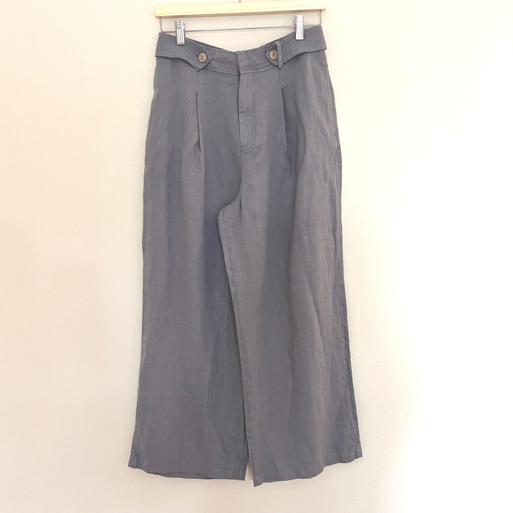 Nicole Miller New York Grey 100% Linen Wide Leg Pleated Pants Womens Size 8